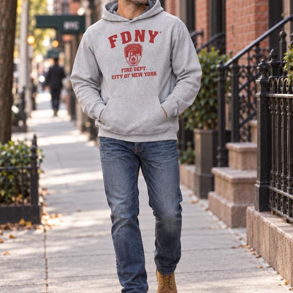 Fdny Men's Grey and Blue Hoodie